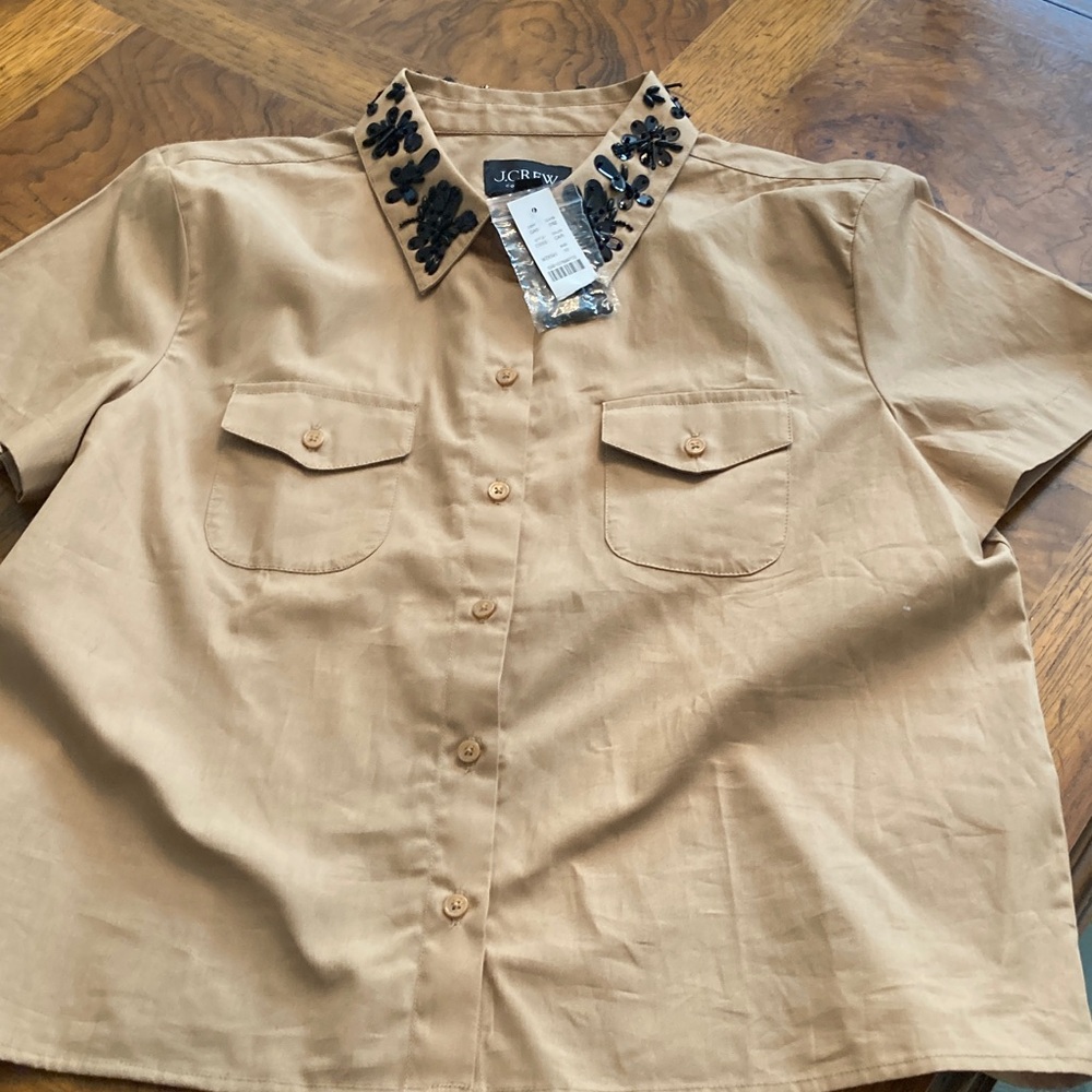 J. Crew Beige Blouse with Black Floral beaded  Collar size 10 new with tags.